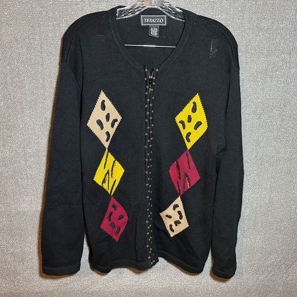 Terazzo Cardigan Sweater Women’s Size Large Multi Color ￼Cabincore Full Zip - Picture 1 of 8